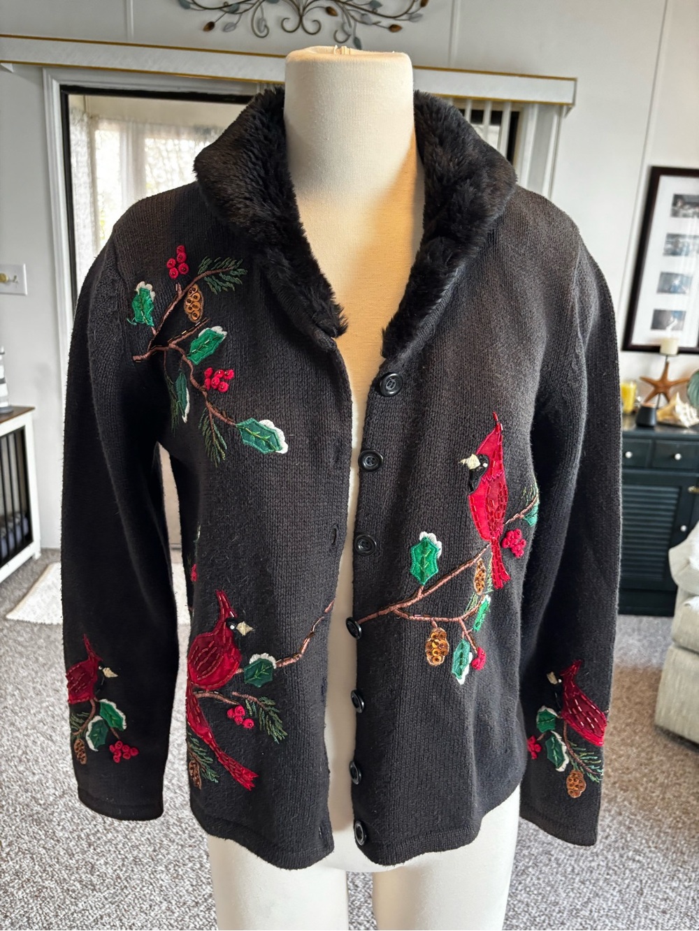 Black Embroidered Cardinal Button-Front Cardigan Sweater